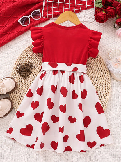 2024 Summer Cute Red Love Princess Children's Short sleeved Dress Casual Party Clothing