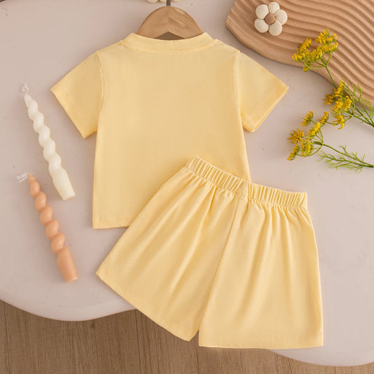 Baby Girl Set Summer Solid-Color Bow Short-Sleeve Top and Shorts Baby Girl Clothes Cute Beach Baby Outfit Set